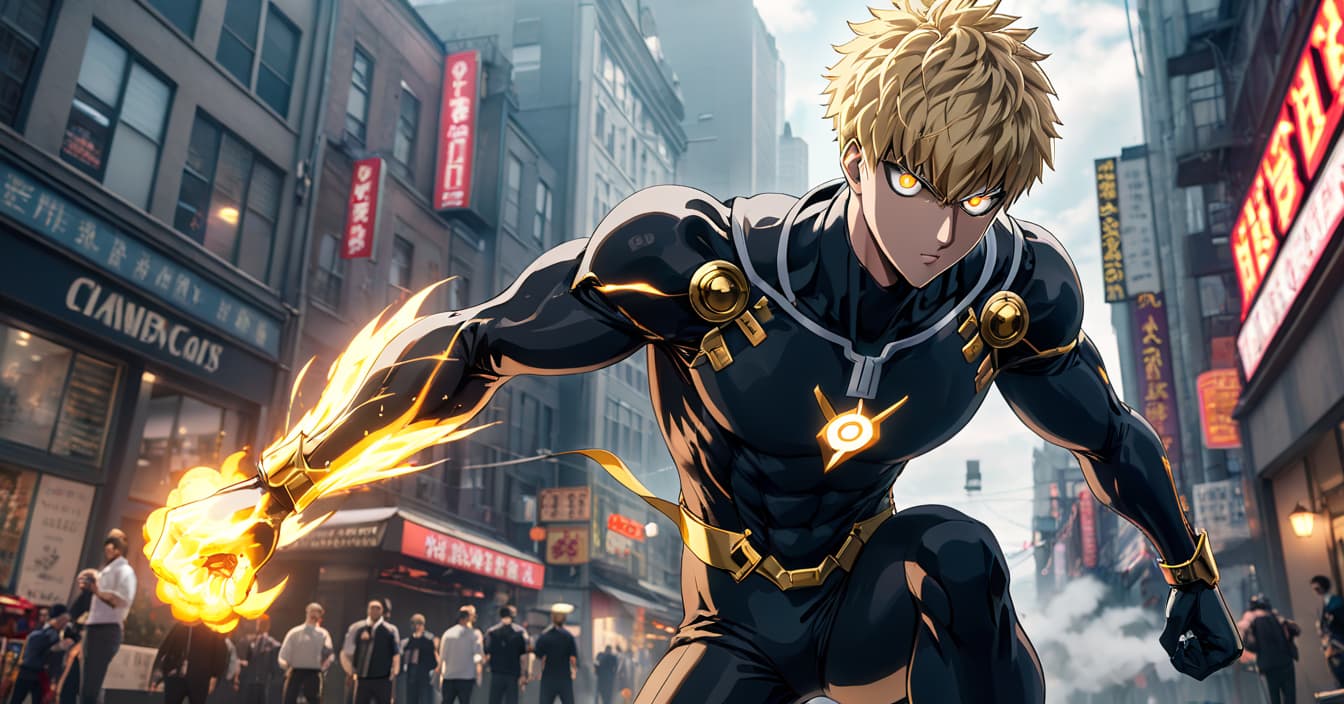  One Punch Man. Genos fights in the city. full body. 2D. Anime hyperrealistic, full body, detailed clothing, highly detailed, cinematic lighting, stunningly beautiful, intricate, sharp focus, f/1. 8, 85mm, (centered image composition), (professionally color graded), ((bright soft diffused light)), volumetric fog, trending on instagram, trending on tumblr, HDR 4K, 8K