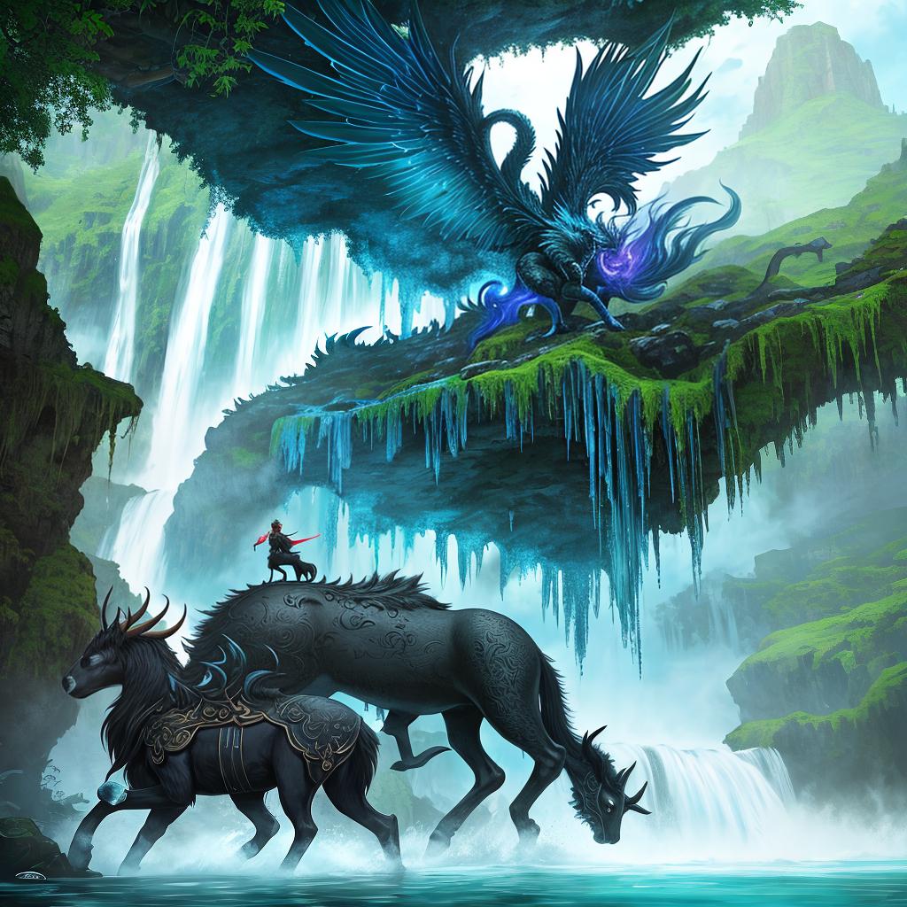  in a fantasy setting, Paint a surreal landscape where mythical beasts roam amidst cascading waterfalls.