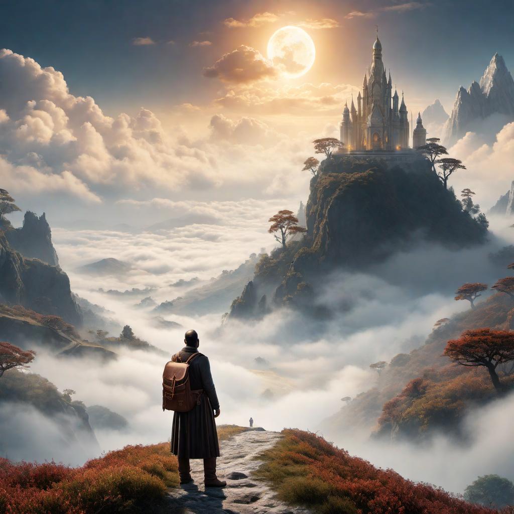  A digital artwork that represents a person's spiritual journey. The foreground shows a traveler standing in a foggy, uncertain landscape, embarking on a spiritual quest. They gaze into the distance where a beautiful, illuminated land of milk and honey awaits. Above them, divine hands emerge from the clouds, symbolizing guidance and blessing. The scene encompasses themes of hope, faith, and the pursuit of a promised, fulfilling destination. hyperrealistic, full body, detailed clothing, highly detailed, cinematic lighting, stunningly beautiful, intricate, sharp focus, f/1. 8, 85mm, (centered image composition), (professionally color graded), ((bright soft diffused light)), volumetric fog, trending on instagram, trending on tumblr, HDR 4K, 8K