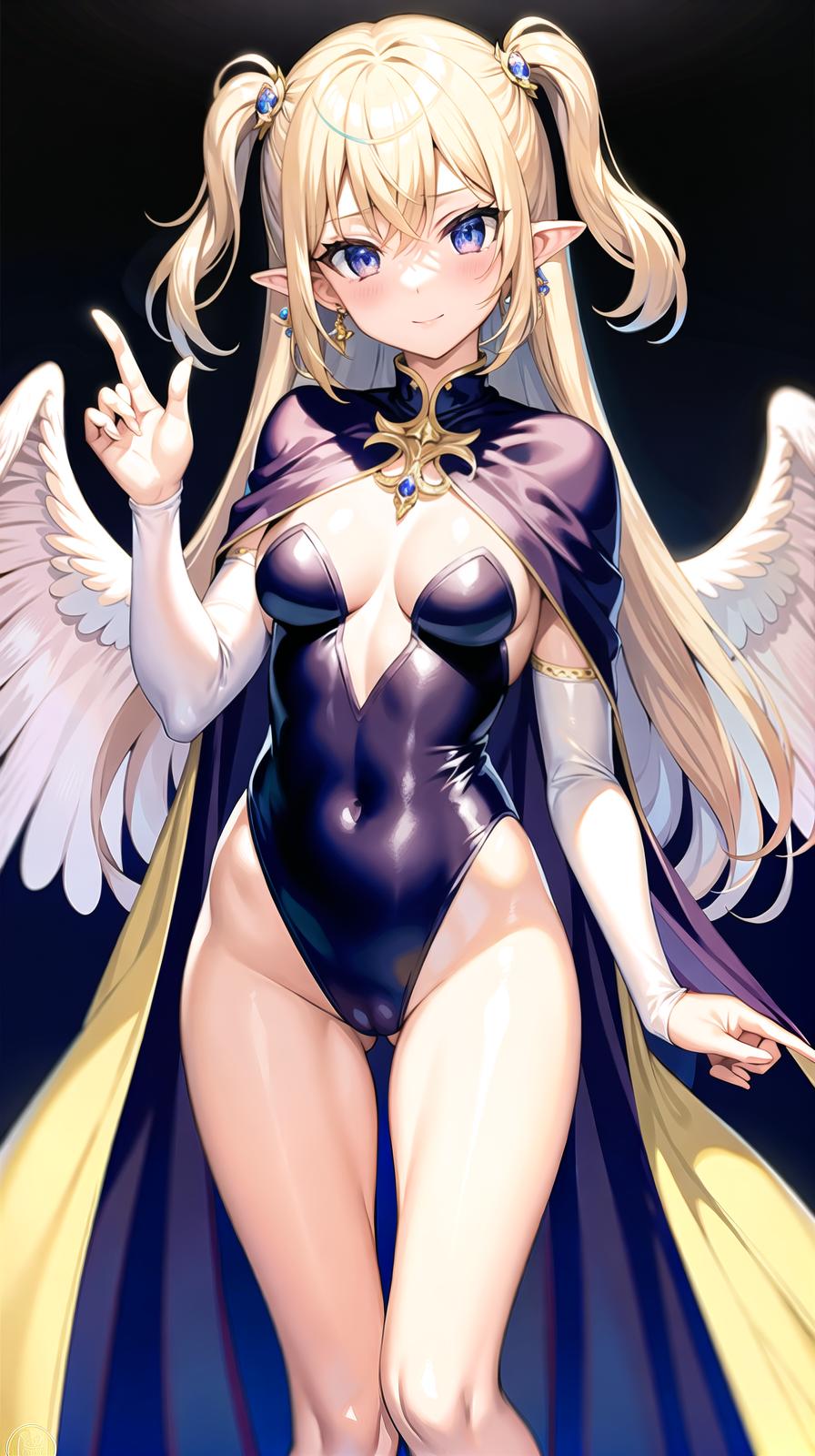  master piece , best quality,Leotard dress Double cape Tiara Jewelry Angel wings Iridescent long two side up hair Big s Full body Human Magic wand Magical Transformation