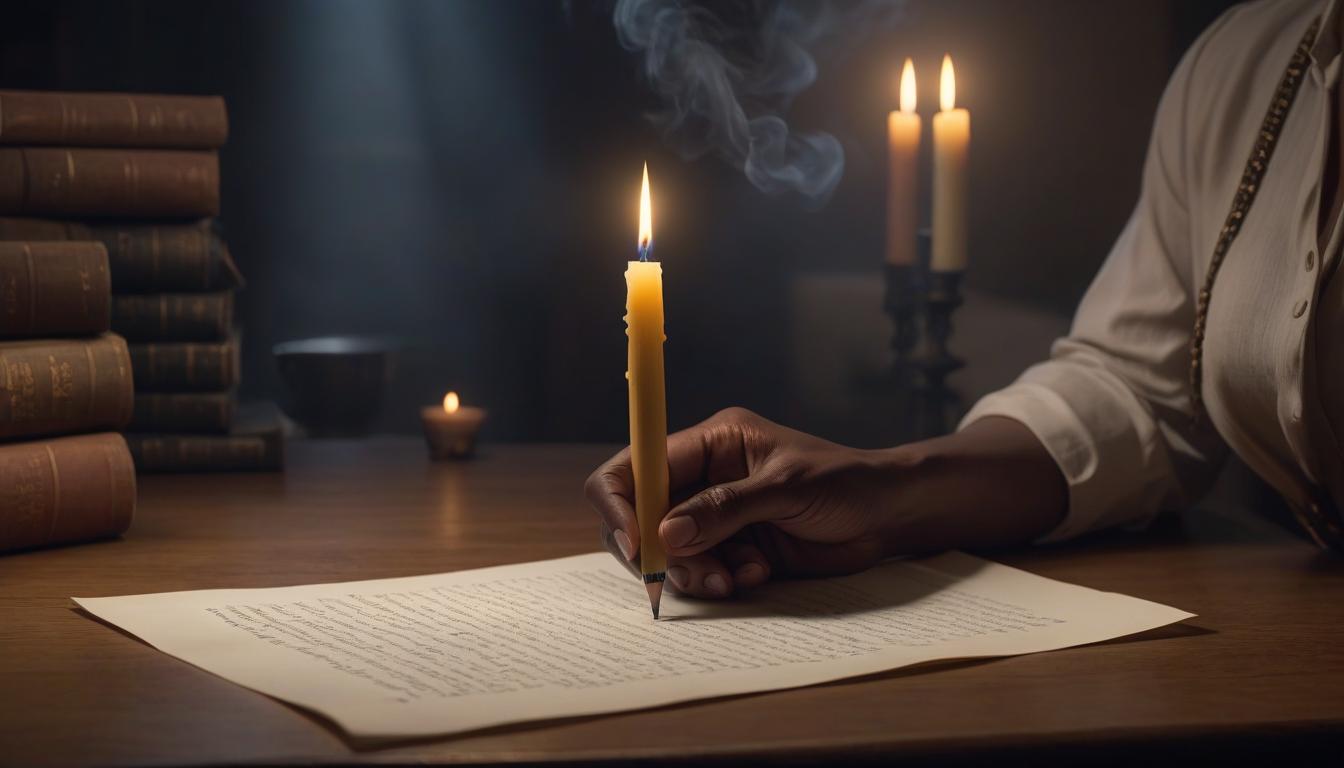  A candle is burning on a piece of paper where poems are written, a pencil lies nearby. hyperrealistic, full body, detailed clothing, highly detailed, cinematic lighting, stunningly beautiful, intricate, sharp focus, f/1. 8, 85mm, (centered image composition), (professionally color graded), ((bright soft diffused light)), volumetric fog, trending on instagram, trending on tumblr, HDR 4K, 8K