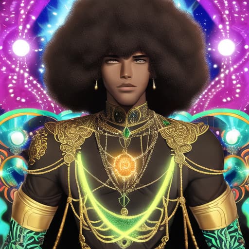  Portrait of young black man with glowing jewels, afro - futurist style, intricate