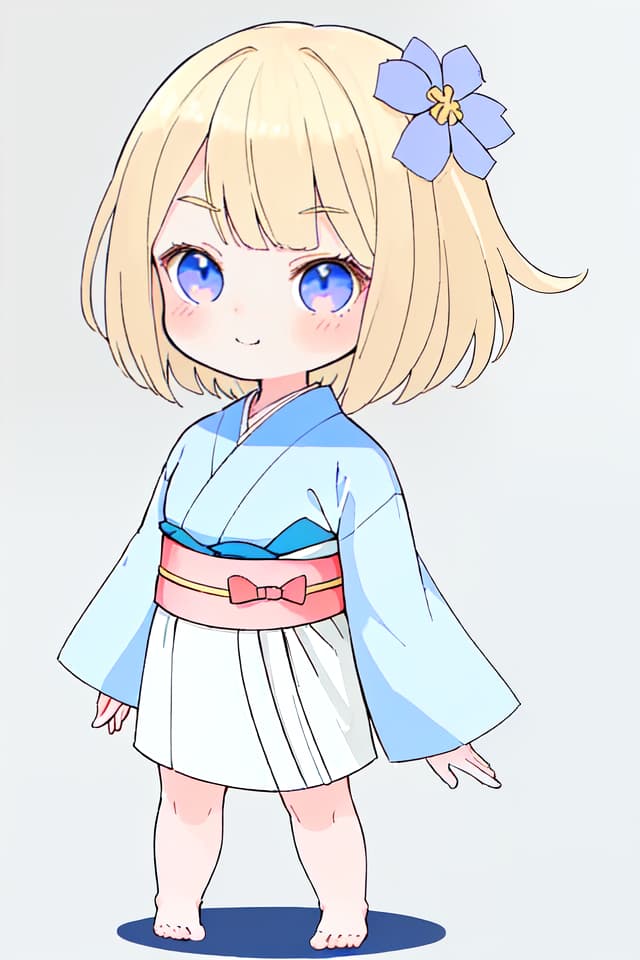  A high quality digital illustration of a cute young woman with the following features: hair color: blonde,hairstyle: short hair,eye color: navy blue,facial expression: smirking,gender: female,clothing: a white kimono,standing at attention (kiotsuke) with arms straight at her sides,facing directly forward,perfectly symmetrical front view,standing position,the overall aesthetic should emphasize her cuteness,the illustration should be detailed and high resolution.