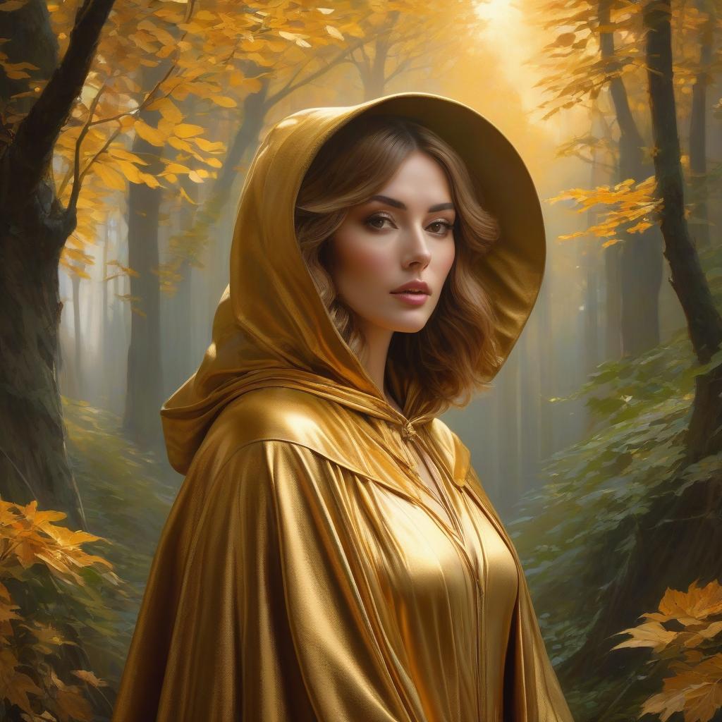  A masterpiece. A very beautiful girl. Golden brown hair. Brown eyes. Golden hooded cloak. Nature in the back. Surrealist abstraction. Alfonso Mucha, Honoré Fargonard. hyperrealistic, full body, detailed clothing, highly detailed, cinematic lighting, stunningly beautiful, intricate, sharp focus, f/1. 8, 85mm, (centered image composition), (professionally color graded), ((bright soft diffused light)), volumetric fog, trending on instagram, trending on tumblr, HDR 4K, 8K