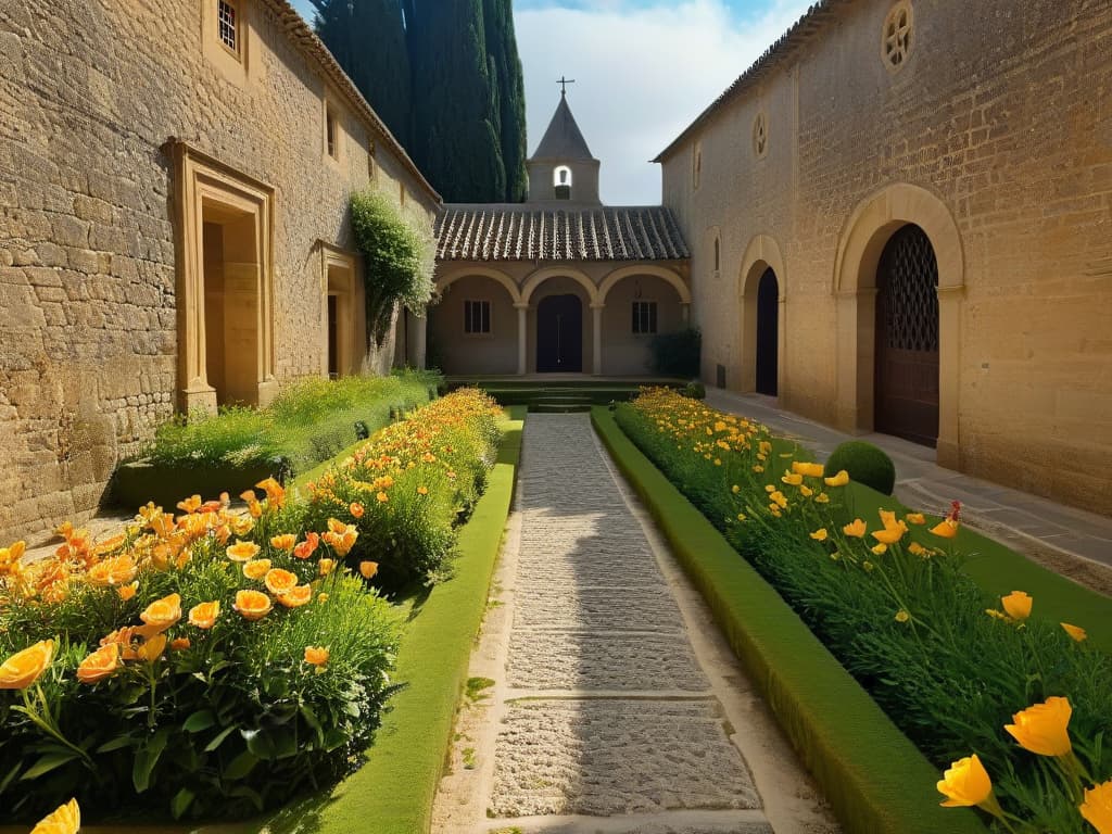  An ultradetailed 8k image of a serene convent garden in Spain or Portugal, showcasing ancient stone pathways lined with vibrant blooming flowers. Sunlight filters through the lush greenery, casting a soft, dappled glow on the centuriesold stone walls of the convent. In the background, a glimpse of traditional architecture hints at the rich history and cultural heritage waiting to be explored on a sweet journey through convent sweets in Spain and Portugal. hyperrealistic, full body, detailed clothing, highly detailed, cinematic lighting, stunningly beautiful, intricate, sharp focus, f/1. 8, 85mm, (centered image composition), (professionally color graded), ((bright soft diffused light)), volumetric fog, trending on instagram, trending on tumblr, HDR 4K, 8K