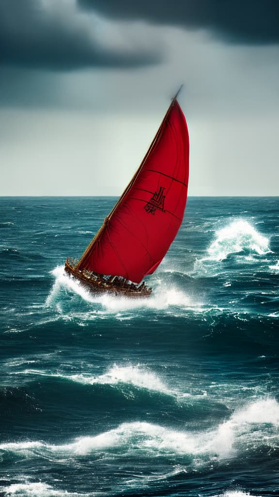  A ship navigating through turbulent waters with a person ((leaning over the edge)), looking forward over the waves, ((symbolizing resilience and determination))), ultra-detailed, 8k, high detailed. The ship is ((a classic wooden sailboat)) with dark brown sails and intricate rigging. The person is ((wearing a red life jacket)) and ((gazing into the distance)) with a determined expression. Surrounding the ship and person are rough waves and ((foamy white crests)), depicting the turmoil of the sea. In the background, there are ((ominous dark clouds)) and flashes of lightning, adding to the sense of danger and adventure. Additionally, there are ((office iconography)) such as charts, graphs, and a compass floating in the air, symbolizing the th hyperrealistic, full body, detailed clothing, highly detailed, cinematic lighting, stunningly beautiful, intricate, sharp focus, f/1. 8, 85mm, (centered image composition), (professionally color graded), ((bright soft diffused light)), volumetric fog, trending on instagram, trending on tumblr, HDR 4K, 8K
