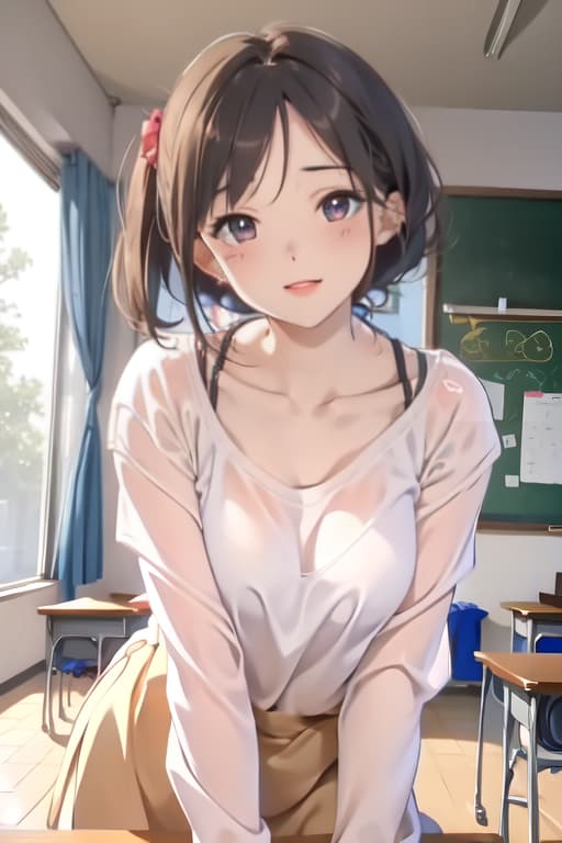  Masterpiece, 1girl, parted lips, blush, makeup, light smile, uniform, classroom, light rays, glow,, collarbone, narrow waist, (masterpiece), wallpaper, sheer shirt, uncensored,bent over table showing round