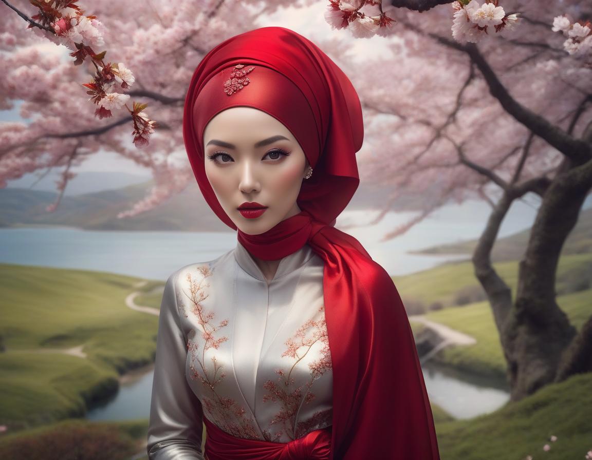  surrealist art A digital art portrait of a woman with a red headscarf, cherry blossoms in her hair, and serene landscape in the background. . dreamlike, mysterious, provocative, symbolic, intricate, detailed hyperrealistic, full body, detailed clothing, highly detailed, cinematic lighting, stunningly beautiful, intricate, sharp focus, f/1. 8, 85mm, (centered image composition), (professionally color graded), ((bright soft diffused light)), volumetric fog, trending on instagram, trending on tumblr, HDR 4K, 8K