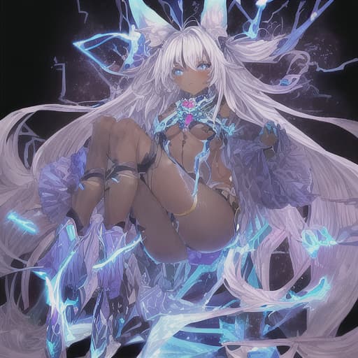  A female archmage, dark skin, tall and with long silver hair, with animal ears instead of human ears. These ears will be large and will be downwards from where the human ears would be, she will have blue eyes and a blue aura. and electric gold around, in the background it will have pink crystals, make the full body image
