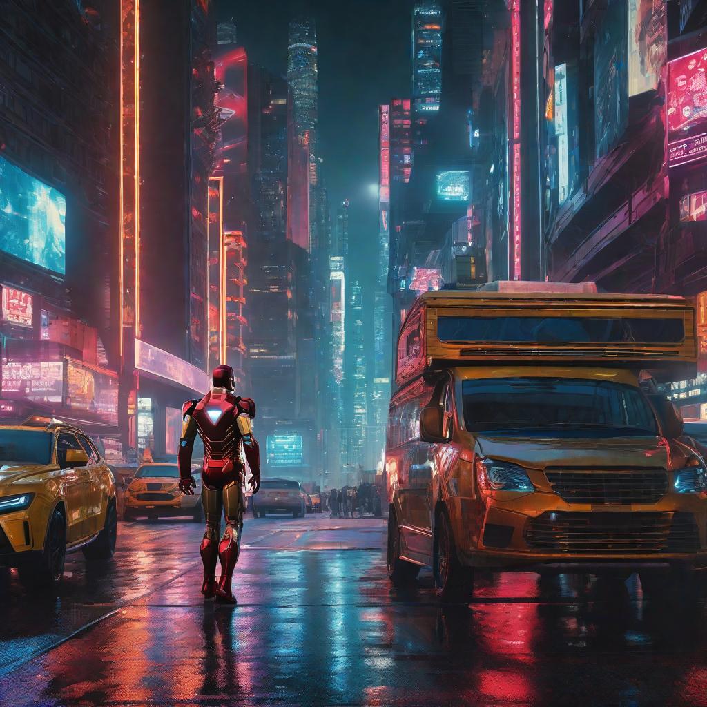  masterpiece, best quality, Best quality, masterpiece, 8k resolution, realistic, highly detailed, close up of Iron Man. In a cyberpunk-style night scene of the city, he stands on a street lined with tall buildings. The city's night lights are bright, The surrounding buildings and streets are filled with cyberpunk elements such as neon lights, high-tech devices, and futuristic architectural designs.