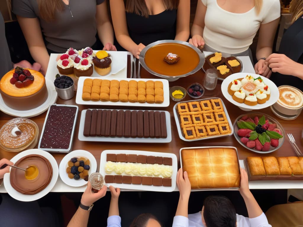  A minimalist image of a diverse group of people of different ages and backgrounds gathered around a large communal table filled with an assortment of beautifully crafted desserts. Each person is smiling and engaging in conversation, showcasing a sense of community and togetherness. The table is elegantly set with simple white plates and silverware, with soft lighting creating a warm and inviting atmosphere. The focus is on the desserts, highlighting the artistry and creativity that goes into creating these sweet treats for sharing and enjoyment. hyperrealistic, full body, detailed clothing, highly detailed, cinematic lighting, stunningly beautiful, intricate, sharp focus, f/1. 8, 85mm, (centered image composition), (professionally color graded), ((bright soft diffused light)), volumetric fog, trending on instagram, trending on tumblr, HDR 4K, 8K