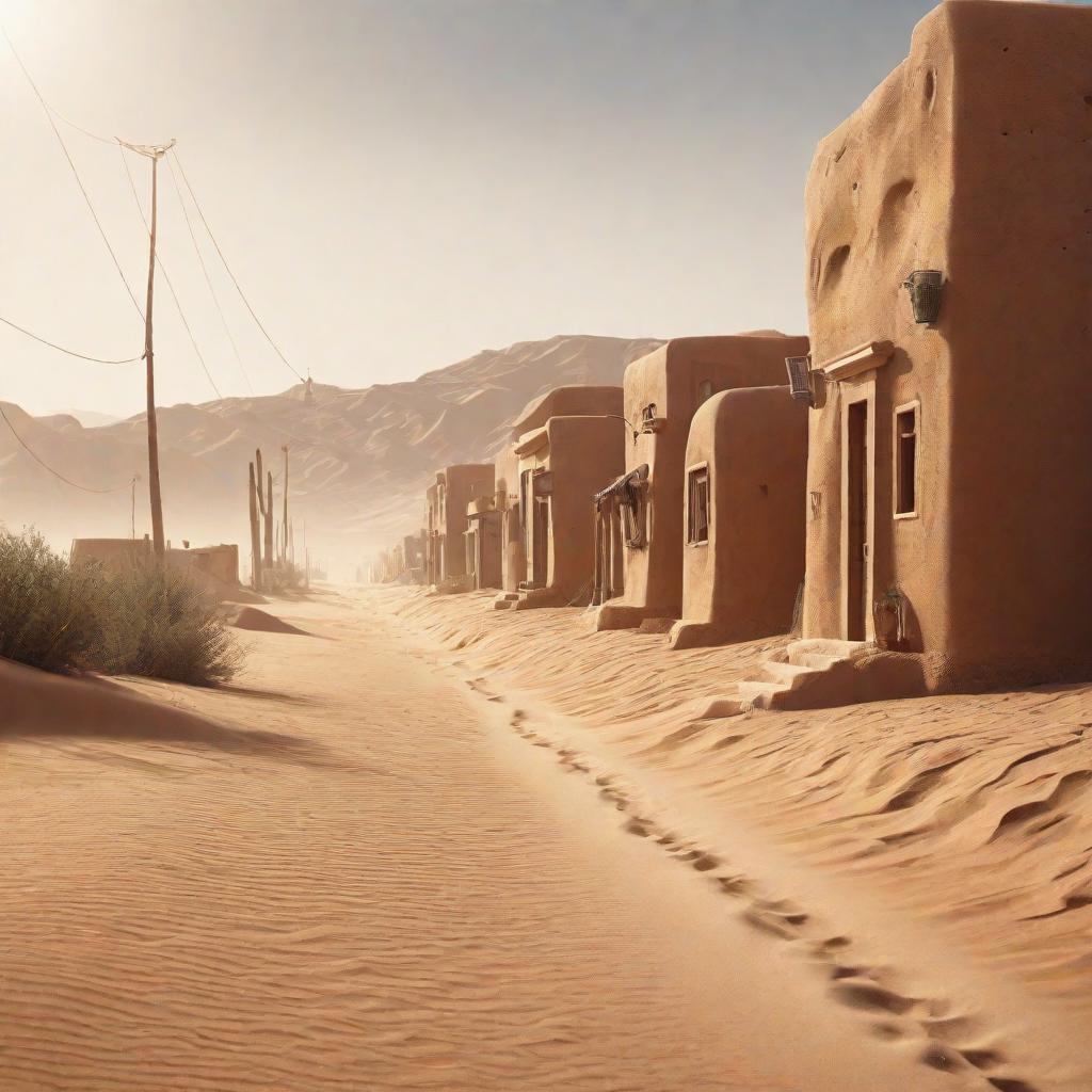  a city street in the desert with clay houses sand dust without people a side view, cute, hyper detail, full HD hyperrealistic, full body, detailed clothing, highly detailed, cinematic lighting, stunningly beautiful, intricate, sharp focus, f/1. 8, 85mm, (centered image composition), (professionally color graded), ((bright soft diffused light)), volumetric fog, trending on instagram, trending on tumblr, HDR 4K, 8K