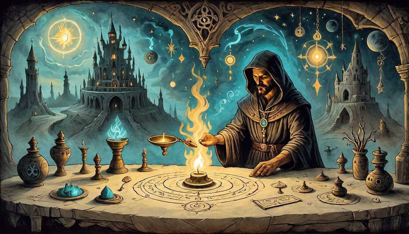  on parchment, surrealism+++, Mystic performing a ritual with small objects, glowing symbols and energy flows, detailed surroundings, focused eyes, precise and deliberate movements, sacred atmosphere(mysterious, provocative, symbolic,muted color)+++