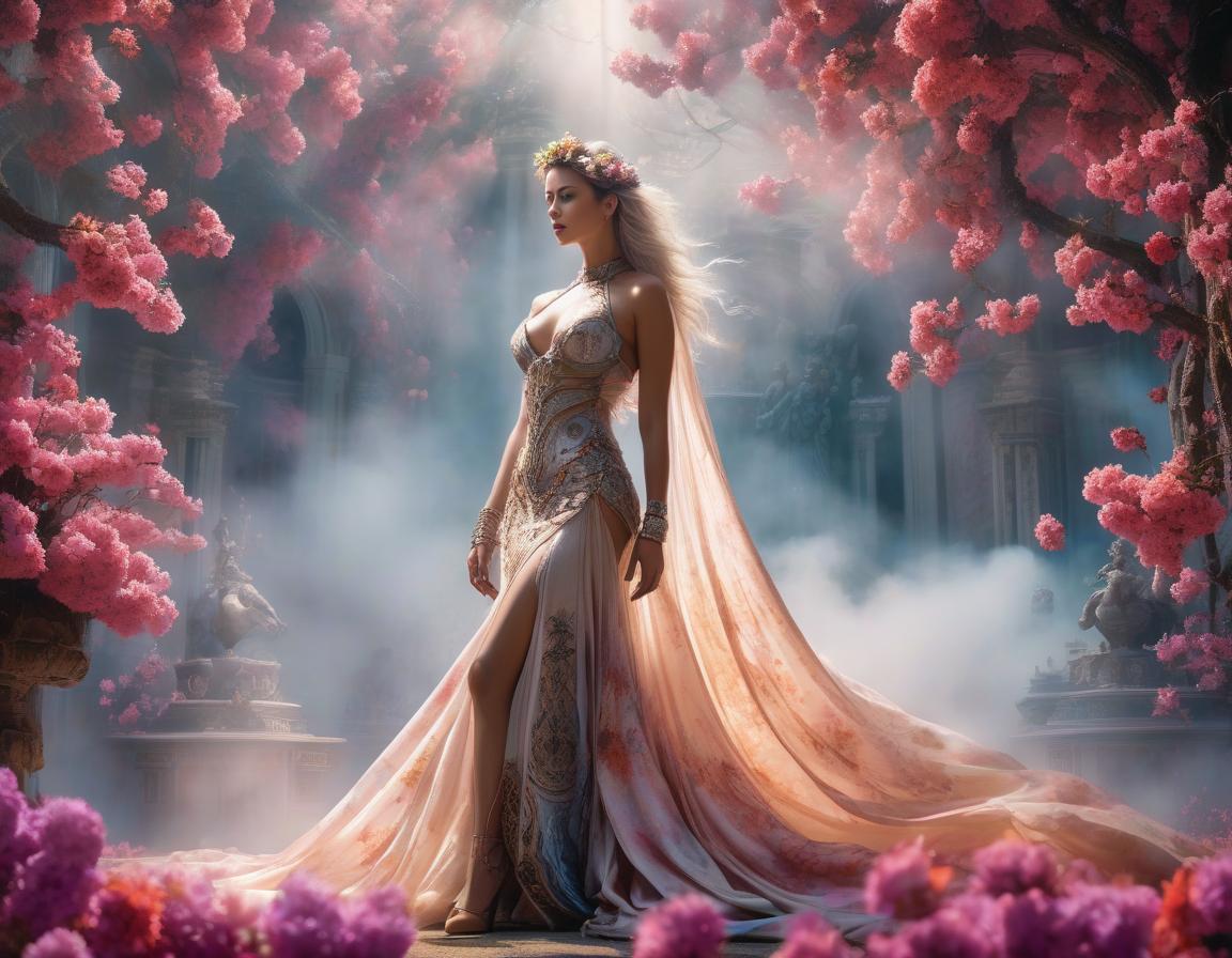  cinematic photo Envision a work of art where fantasy and reality blur—a woman stands enshrouded in a tapestry of vivid blossoms, her hair a cascade of elaborate floral designs. She dons a dress of futuristic elegance against a backdrop that whispers of the surreal, all captured in the distinctive style of Luis Royo. This digital masterpiece comes alive with brilliant hues and otherworldly illumination, creating a dreamy realm where every ornate detail contributes to an imaginative tableau. . 35mm photograph, film, bokeh, professional, 4k, highly detailed hyperrealistic, full body, detailed clothing, highly detailed, cinematic lighting, stunningly beautiful, intricate, sharp focus, f/1. 8, 85mm, (centered image composition), (professionally color graded), ((bright soft diffused light)), volumetric fog, trending on instagram, trending on tumblr, HDR 4K, 8K