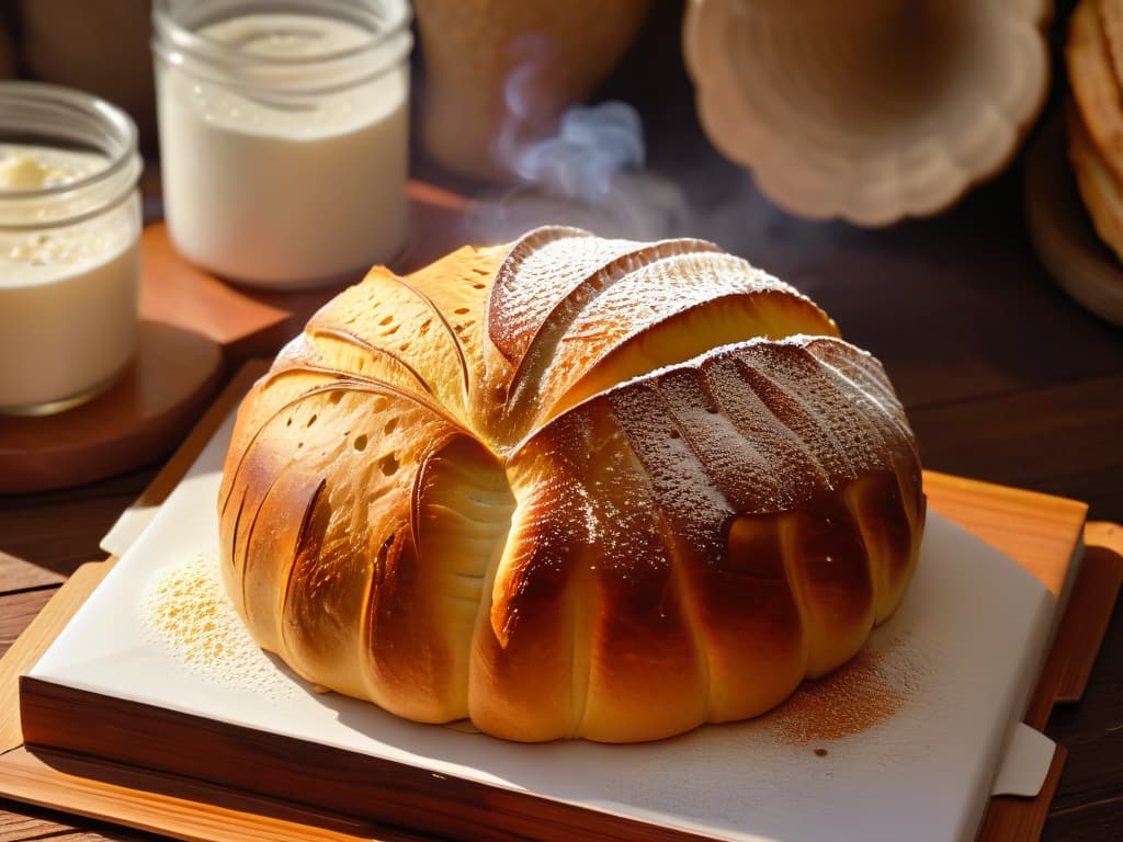  A closeup, ultradetailed image of a traditional Mexican concha bread freshly baked and cooling on a rustic wooden table. The concha is perfectly goldenbrown with a delicate sugar topping intricately scored to create the iconic shell pattern. The steam rising from the warm bread adds a sense of mouthwatering freshness, while the natural light filtering through a nearby window highlights the texture and colors of this beloved Mexican pastry. hyperrealistic, full body, detailed clothing, highly detailed, cinematic lighting, stunningly beautiful, intricate, sharp focus, f/1. 8, 85mm, (centered image composition), (professionally color graded), ((bright soft diffused light)), volumetric fog, trending on instagram, trending on tumblr, HDR 4K, 8K