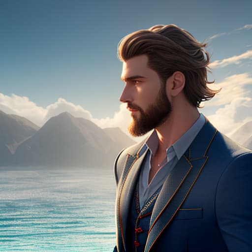  A handsome young man with a light beard standing on a blue mountain Seaside Serenity hyperrealistic, full body, detailed clothing, highly detailed, cinematic lighting, stunningly beautiful, intricate, sharp focus, f/1. 8, 85mm, (centered image composition), (professionally color graded), ((bright soft diffused light)), volumetric fog, trending on instagram, trending on tumblr, HDR 4K, 8K