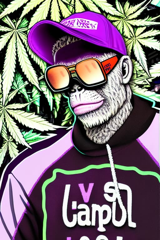  Purple colors , gangster Gorilla wears sunglasses a cap, sells cannabis buds , a bag full of swiss francs in the front of the gorilla smoking a blunt that makes a lot of smoke he wears an iced out rolex. In a japan neon light scene he also chills casually wareing only designer clothes from stone island he is in an indoor hemp plantation with many purple cannabis plants that are about to be harvested but there are also socks of white pre-packaged purple cannabis bud high detailled masterpiece