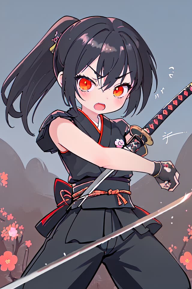  ultra detailed:1.2,masterpiece:1.2,best quality,masterpiece,bestquality,hdr:1.1,8k:1.1,very cute girl:1.3,samurai girl:1.3,red samurai armor:1.3,black hair:1.2,pony tail:1.3,(holding Japanese sword:1.3),katana:1.3,cowboy shot:1.3,dutch angel:1.7,(battle stance,katana attack:1.4),(face focus:1.3),(spoken kanji:1.1)open mouth:1.3