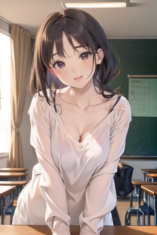  Masterpiece, 1girl, parted lips, blush, makeup, light smile, uniform, classroom, light rays, glow,, collarbone, narrow waist, (masterpiece), wallpaper, sheer shirt, uncensored,bent over table showing round