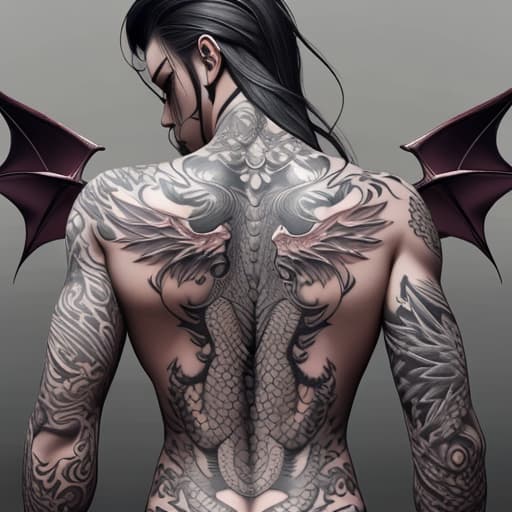  Tattoo of a dragon located on shoulder, with its head on right pectoral, its wings extending to back and neck and the rest of its body wrapped around upper arm