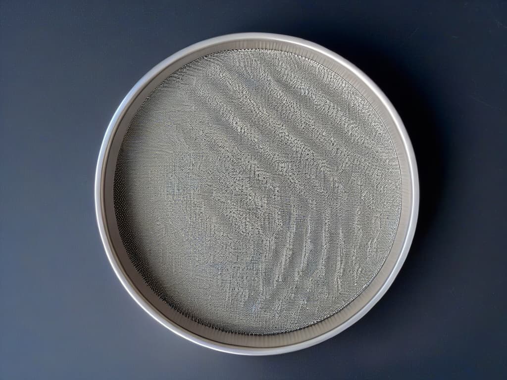  A closeup, ultradetailed image of a sleek, stainless steel fine mesh sieve, capturing the intricate patterns of the mesh and the reflection of light on its surface. The focus is on the precision and highquality construction of the sieve, highlighting its efficiency and elegance in the process of sifting flour for baking. hyperrealistic, full body, detailed clothing, highly detailed, cinematic lighting, stunningly beautiful, intricate, sharp focus, f/1. 8, 85mm, (centered image composition), (professionally color graded), ((bright soft diffused light)), volumetric fog, trending on instagram, trending on tumblr, HDR 4K, 8K