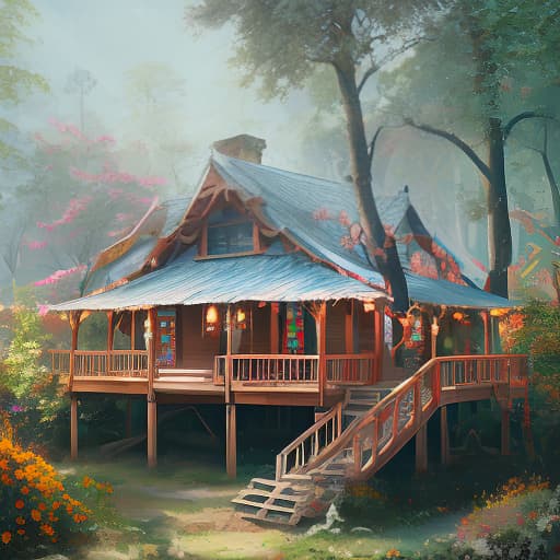  (Фон) Зеленный лес с рекой. (Передний фон)This tree house. The blossoms are blooming above the roof of the cabin. The flowers are blue turning to blue, red, yellow., (Extremely Detailed Oil Painting:1.2), glow effects, godrays, Hand drawn, render, 8k, octane render, cinema 4d, blender, dark, atmospheric 4k ultra detailed, cinematic sensual, Sharp focus, humorous illustration, big depth of field, Masterpiece, colors, 3d octane render, 4k, concept art, trending on artstation, hyperrealistic, Vivid colors, extremely detailed CG unity 8k wallpaper, trending on ArtStation, trending on CGSociety, Intricate, High Detail, dramatic hyperrealistic, full body, detailed clothing, highly detailed, cinematic lighting, stunningly beautiful, intricate, sharp focus, f/1. 8, 85mm, (centered image composition), (professionally color graded), ((bright soft diffused light)), volumetric fog, trending on instagram, trending on tumblr, HDR 4K, 8K