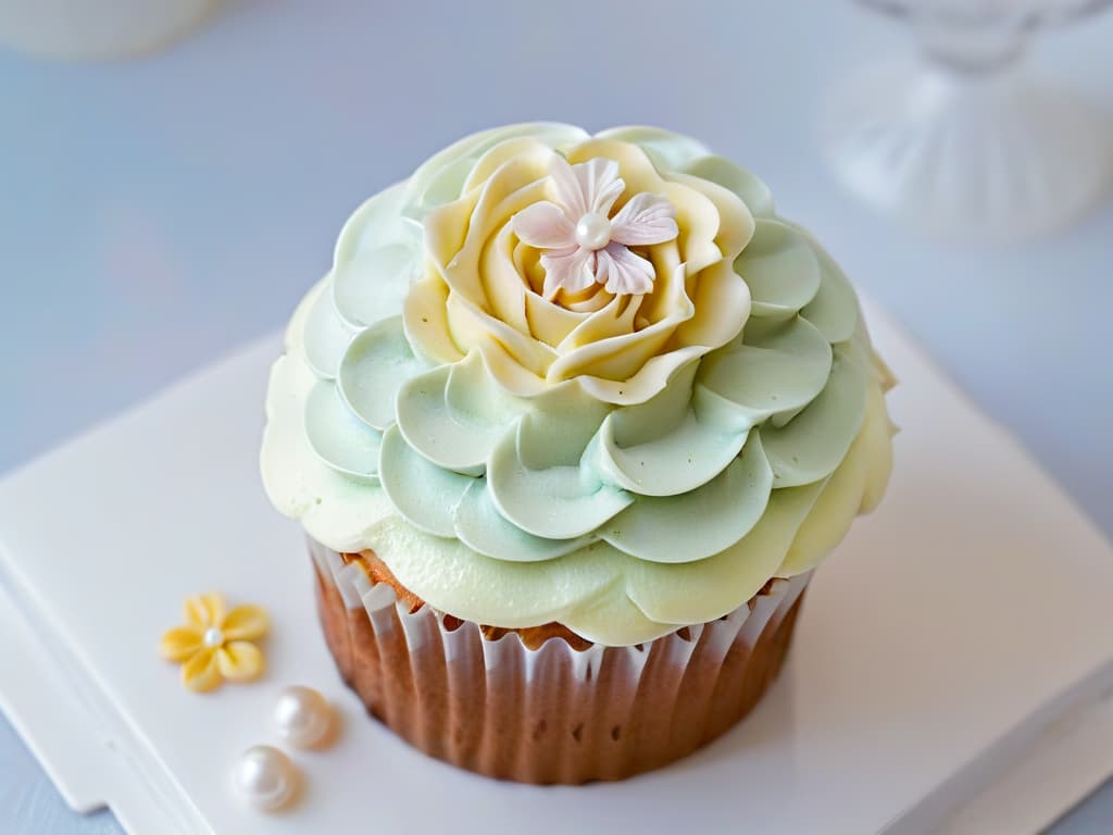  A closeup, ultradetailed image of a perfectly frosted cupcake, topped with a delicate swirl of pastelcolored buttercream, adorned with tiny edible pearls and a small fondant flower. The frosting is smooth and glossy, reflecting the light in a mesmerizing way. The cupcake sits on a simple, elegant white porcelain plate, set against a soft, blurred background that enhances the intricate details of the dessert. hyperrealistic, full body, detailed clothing, highly detailed, cinematic lighting, stunningly beautiful, intricate, sharp focus, f/1. 8, 85mm, (centered image composition), (professionally color graded), ((bright soft diffused light)), volumetric fog, trending on instagram, trending on tumblr, HDR 4K, 8K