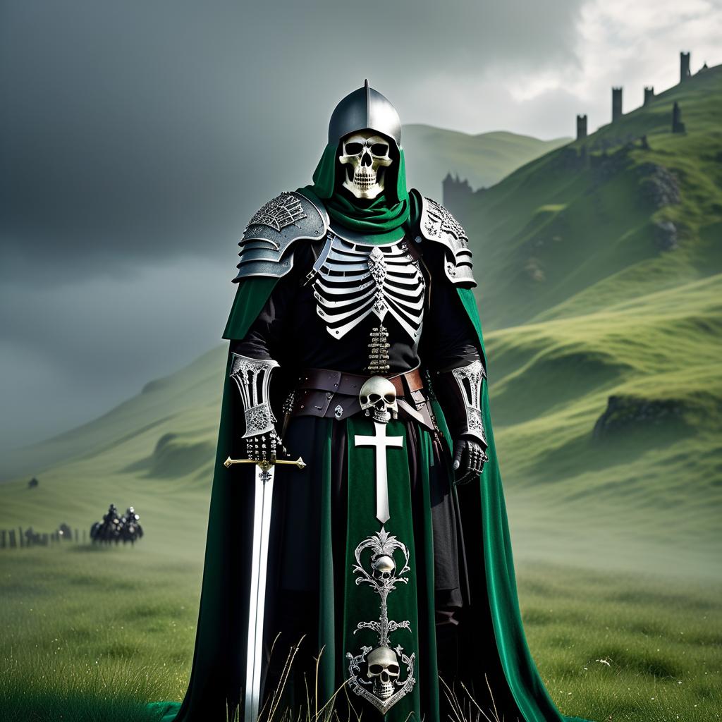  macabre style Paladin standing tall. Full sized plate mail armor of steel, silver grey and highly polished. Cloak of dark green velvet with a white cross embroidered, depicting a full sized human skeleton. Helmet on the head, showing the Skull Face. Paladin standing on a green meadow. Behind him dawn. The sword is sheathed in the right sheath, and the Bible is visible on the left. . dark, gothic, grim, haunting, highly detailed hyperrealistic, full body, detailed clothing, highly detailed, cinematic lighting, stunningly beautiful, intricate, sharp focus, f/1. 8, 85mm, (centered image composition), (professionally color graded), ((bright soft diffused light)), volumetric fog, trending on instagram, trending on tumblr, HDR 4K, 8K