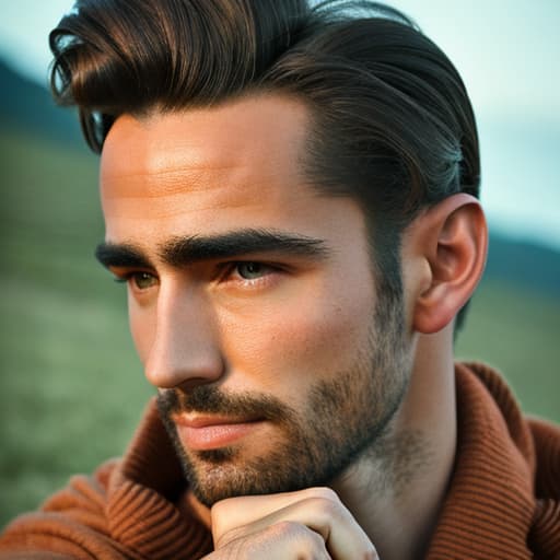 analog style Un joven campesino de 20 años que luzca algo mayor, de pelo corto y rizado color negro, con ojos marrones y cuerpo robusto mirando seriamente a un chico de 15 años con pelo largo y marrón, con ojos grandes y azules y cuerpo afeminado, y con tristeza en su rostro. Todo ambientado en el año 1800 hyperrealistic, full body, detailed clothing, highly detailed, cinematic lighting, stunningly beautiful, intricate, sharp focus, f/1. 8, 85mm, (centered image composition), (professionally color graded), ((bright soft diffused light)), volumetric fog, trending on instagram, trending on tumblr, HDR 4K, 8K