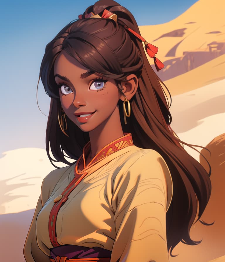  (masterpiece, best quality), beautiful face, detailed face, (dark-skinned female), sunshine smile, intricate, traditional clothes, desert, bracelet, town, hair ornament, jewelry, leaning back, looking at the viewer, upper body, plateau, sandstorm