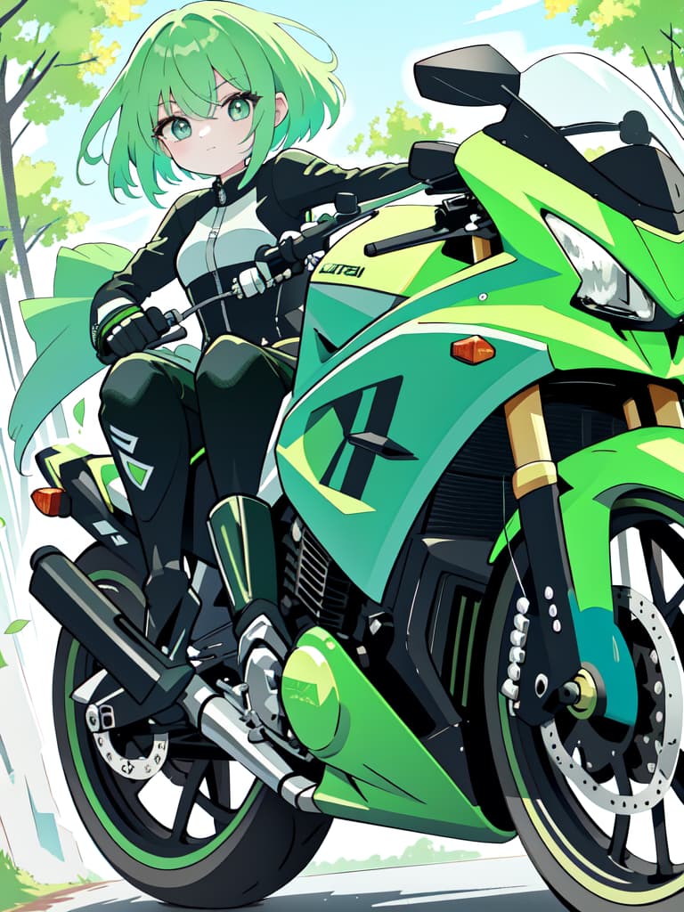  Motorcycle green hair character, masterpiece, best quality,8k,ultra detailed,high resolution,an extremely delicate and beautiful,hyper detail