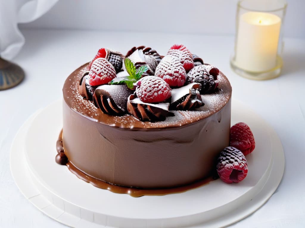  An ultradetailed image of a delicate chocolate cake with a perfectly smooth ganache coating, garnished with raspberries and mint leaves on a minimalist white plate, set against a clean, white backdrop. The glossy ganache reflects the surrounding light, showcasing the intricate details of the dessert, creating a visually stunning and appetizing composition suitable for the theme of Fair Trade certifications for baking ingredients. hyperrealistic, full body, detailed clothing, highly detailed, cinematic lighting, stunningly beautiful, intricate, sharp focus, f/1. 8, 85mm, (centered image composition), (professionally color graded), ((bright soft diffused light)), volumetric fog, trending on instagram, trending on tumblr, HDR 4K, 8K