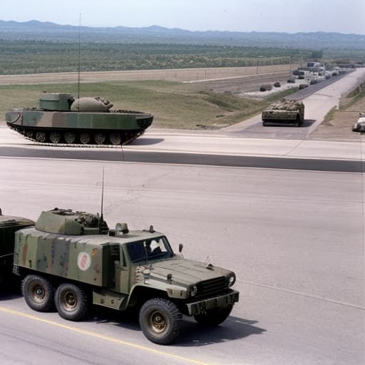  Image of tanks and military trucks crossing border (invasion) with aviation support (1960s)