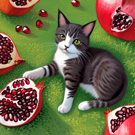  Please draw a picture of a cat playing beside pomegranate flowers.