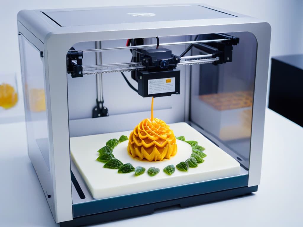  A sleek, minimalistic image of a stateoftheart 3D food printer in action, delicately crafting intricate and detailed dessert designs. The printer is set against a clean, white backdrop, with colorful, vibrant dessert creations emerging from its precision nozzles, showcasing the innovative technology and creative possibilities of 3D printing in the culinary world. hyperrealistic, full body, detailed clothing, highly detailed, cinematic lighting, stunningly beautiful, intricate, sharp focus, f/1. 8, 85mm, (centered image composition), (professionally color graded), ((bright soft diffused light)), volumetric fog, trending on instagram, trending on tumblr, HDR 4K, 8K