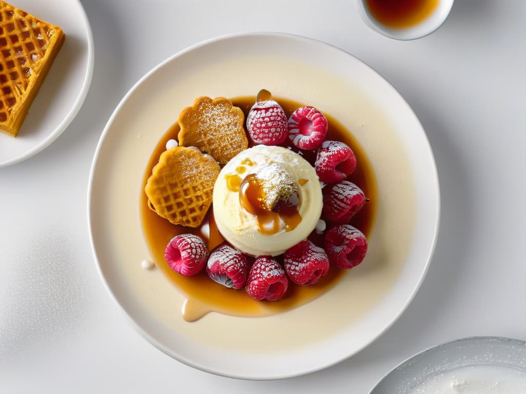  An ultradetailed image of a decadent dessert plate featuring a perfectly executed fusion of creamy and crunchy textures. In the center, a scoop of velvety vanilla bean ice cream topped with a delicate drizzle of caramel sauce sits next to a golden brown crème brûlée with a perfectly caramelized sugar crust. Surrounding these focal points are artfully arranged clusters of honeycomb brittle, crushed pistachios, and fresh raspberries, all garnished with delicate mint leaves. The play of light and shadow highlights the contrasting textures, inviting the viewer to imagine the harmonious blend of flavors in this exquisite dessert. hyperrealistic, full body, detailed clothing, highly detailed, cinematic lighting, stunningly beautiful, intricate, sharp focus, f/1. 8, 85mm, (centered image composition), (professionally color graded), ((bright soft diffused light)), volumetric fog, trending on instagram, trending on tumblr, HDR 4K, 8K