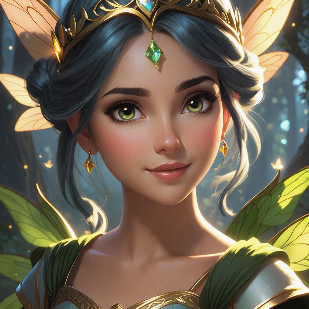  ((((Based on the original image, reflect the following:
Suggested improvements based on the <Critique>:

1. Add more diversity to the facial expressions of the characters. For example, conveying a wider range of emotions on the fairy's face to depict her inner complexity.

2. Utilize lighting effects to enhance visual depth and realism. Specifically, use light and shadows streaming through the trees to add more dimension to the background.

3. Strengthen storytelling elements. For instance, incorporate hidden clues in the forest or environment to engage viewers in solving the story.))))

Image style: 'Dizney Ani Style'. Illustration style: The illustration style is vibrant and colorful, with a touch of whimsy and fantasy. Character: The pri hyperrealistic, full body, detailed clothing, highly detailed, cinematic lighting, stunningly beautiful, intricate, sharp focus, f/1. 8, 85mm, (centered image composition), (professionally color graded), ((bright soft diffused light)), volumetric fog, trending on instagram, trending on tumblr, HDR 4K, 8K