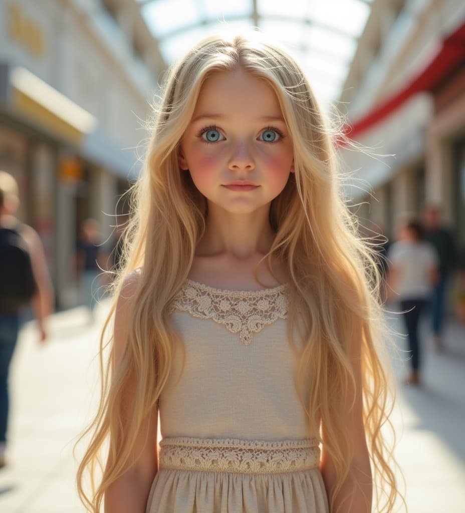  good quality, high quality, a old tween girl standing, long blonde hair, blue eyes, white , extreme realistic, delicate, cute, adorable, ultra realistic skin, extremely realistic, scenery, front view, mall background, body focus