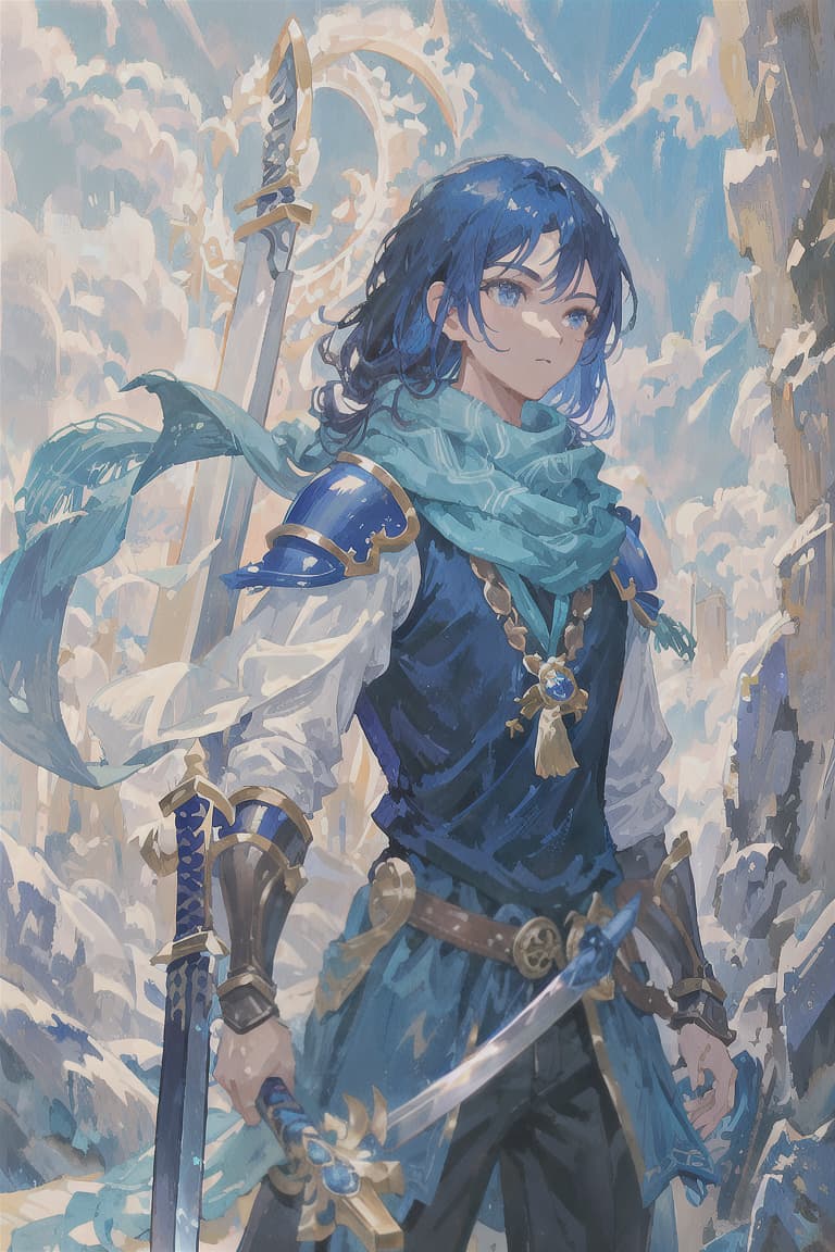  master piece , best quality,Blue hair, long straight hair, male, traveler, blue armor, light blue scarf, magic sword, holy sword