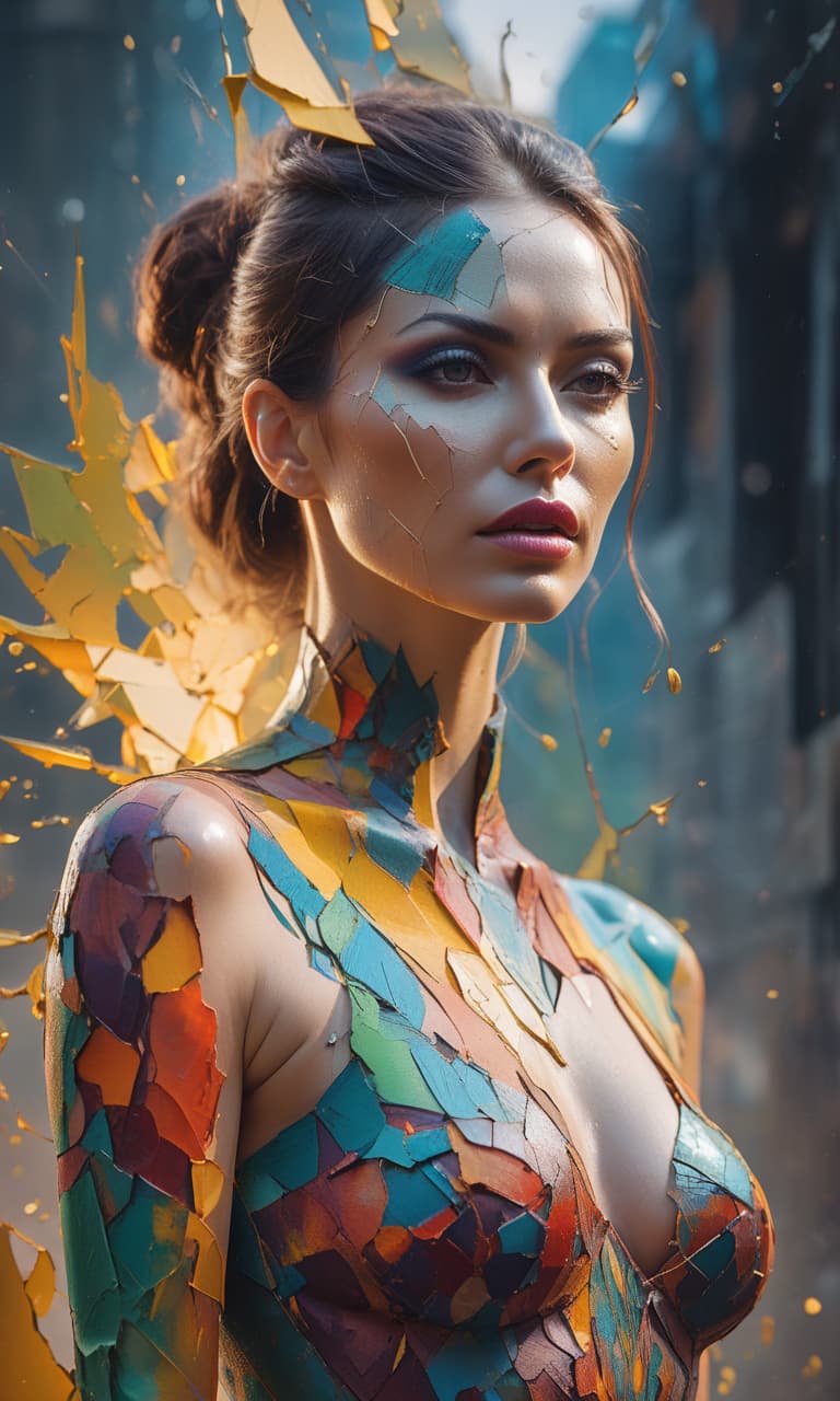  double exposure of acrylic paint, abstract woman’s face, beautiful body, in the style of shattered, segmented cracked skin, vibrant acid colors, volumetric lighting, depressive mood hyperrealistic, full body, detailed clothing, highly detailed, cinematic lighting, stunningly beautiful, intricate, sharp focus, f/1. 8, 85mm, (centered image composition), (professionally color graded), ((bright soft diffused light)), volumetric fog, trending on instagram, trending on tumblr, HDR 4K, 8K