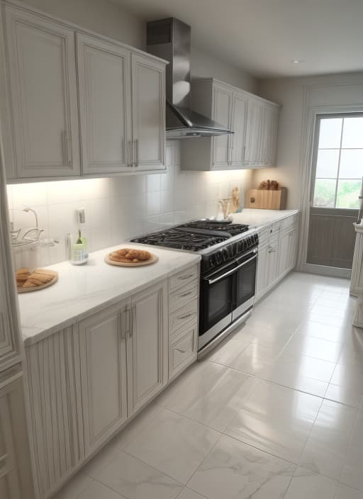  white kitchen, stone tile floor, extractor hood in the cabinet , HQ, Hightly detailed, 4k