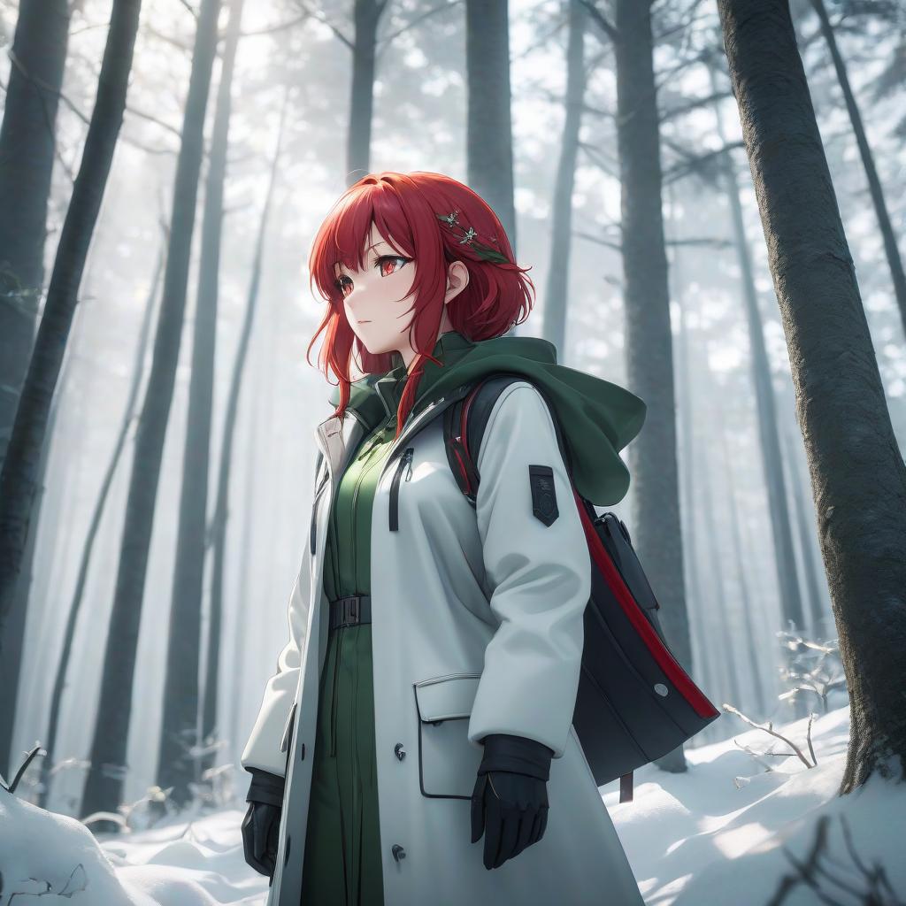  Chise Hatori, in the winter forest, looks into the distance, the sky in the background, a magical feeling, beautiful highlights, anime style, red hair and green eyes, black and white filter. hyperrealistic, full body, detailed clothing, highly detailed, cinematic lighting, stunningly beautiful, intricate, sharp focus, f/1. 8, 85mm, (centered image composition), (professionally color graded), ((bright soft diffused light)), volumetric fog, trending on instagram, trending on tumblr, HDR 4K, 8K