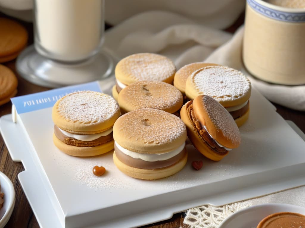  An ultradetailed closeup image of a homemade alfajor saludable, showcasing layers of delicate whole grain cookies sandwiched with rich, creamy dulce de leche made from coconut milk, all elegantly dusted with a light sprinkle of organic powdered sugar. The cookies are perfectly goldenbrown, displaying a slightly crispy texture on the edges, while the dulce de leche oozes out invitingly, promising a delectable balance of sweetness and healthiness. The image captures the essence of traditional Argentine alfajores reimagined through a modern and nutritious lens, enticing the viewer with its minimalist yet enticing presentation. hyperrealistic, full body, detailed clothing, highly detailed, cinematic lighting, stunningly beautiful, intricate, sharp focus, f/1. 8, 85mm, (centered image composition), (professionally color graded), ((bright soft diffused light)), volumetric fog, trending on instagram, trending on tumblr, HDR 4K, 8K