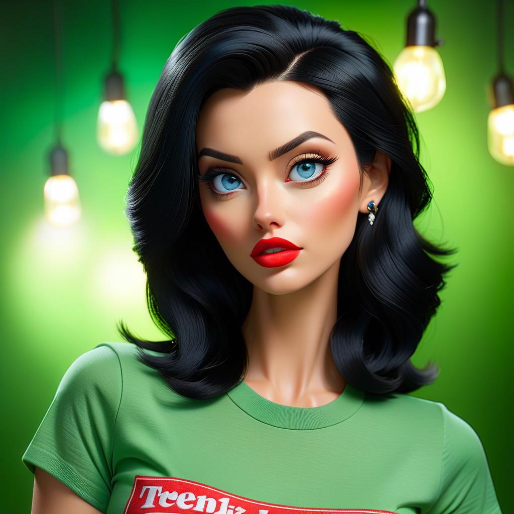  a in a T shirt, black hair, blue eyes, red lips, gles, hairstyle square, background green, full height in a  hyperrealistic, full body, detailed clothing, highly detailed, cinematic lighting, stunningly beautiful, intricate, sharp focus, f/1. 8, 85mm, (centered image composition), (professionally color graded), ((bright soft diffused light)), volumetric fog, trending on instagram, trending on tumblr, HDR 4K, 8K