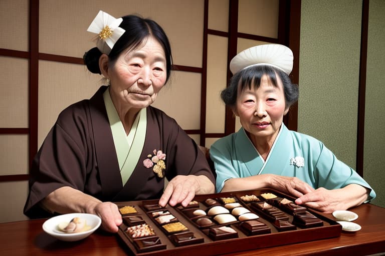  2 old Japanese , on a table with fine chocolates on her body. Background is a Japanese restaurant. style of Edgar degas