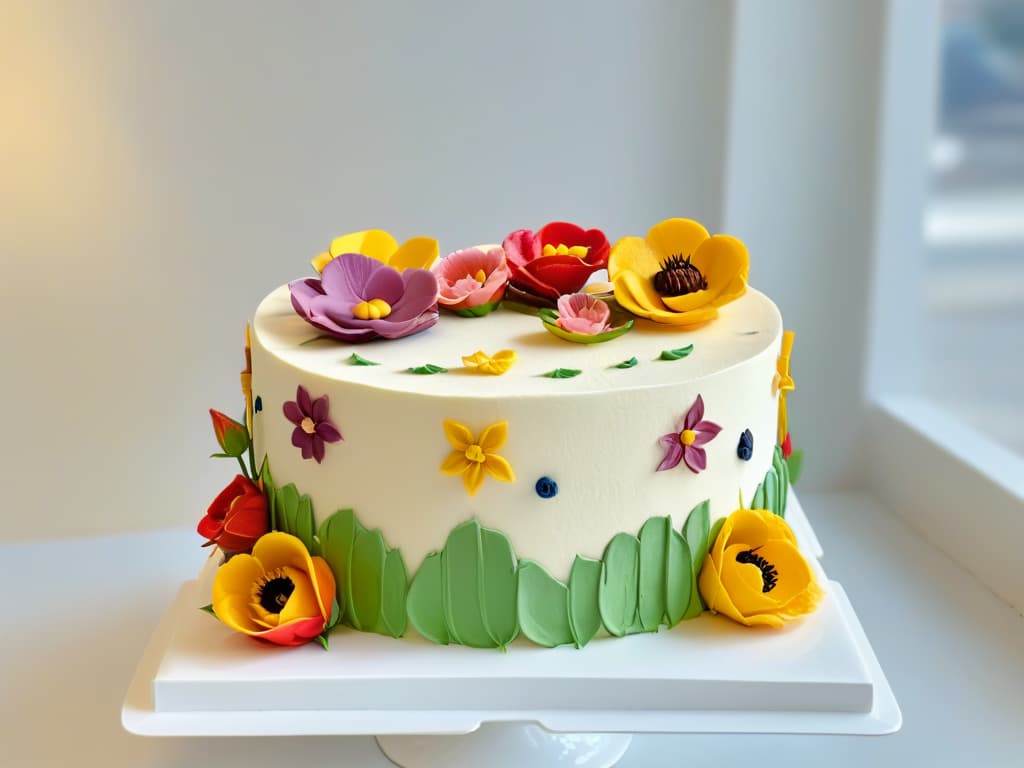  A minimalist, highresolution image of a beautifully decorated glutenfree cake with intricate floral designs made from colorful fondant, set on a pristine white cake stand. The cake is adorned with delicate sugar flowers and elegant piping details, showcasing the artistry and craftsmanship of glutenfree baking for individuals with celiac disease. The image exudes sophistication and elegance, capturing the essence of the upcoming 2023 GlutenFree Pastry Fairs for Celiacs. hyperrealistic, full body, detailed clothing, highly detailed, cinematic lighting, stunningly beautiful, intricate, sharp focus, f/1. 8, 85mm, (centered image composition), (professionally color graded), ((bright soft diffused light)), volumetric fog, trending on instagram, trending on tumblr, HDR 4K, 8K