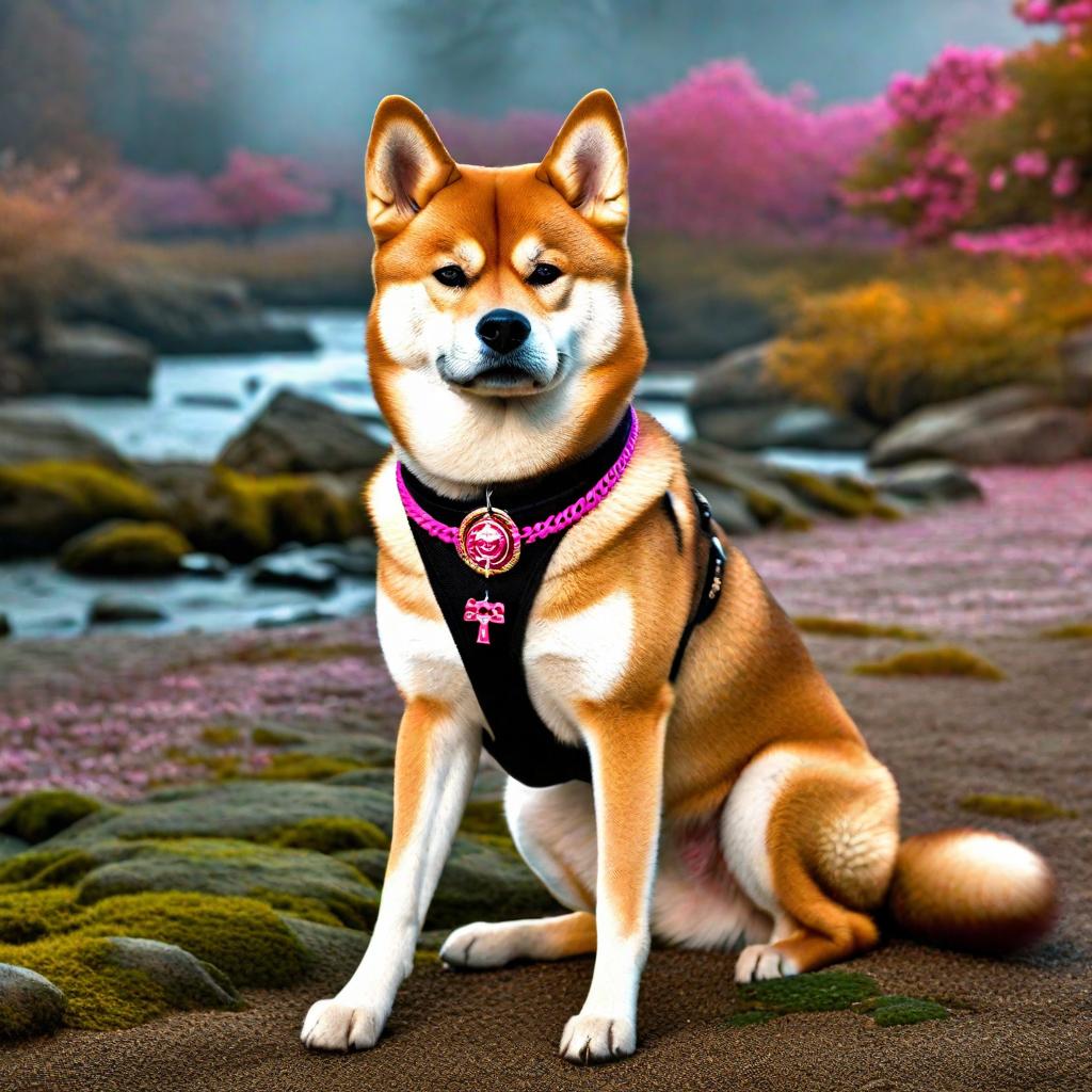  shiba inu dog with pink collar war criminal hyperrealistic, full body, detailed clothing, highly detailed, cinematic lighting, stunningly beautiful, intricate, sharp focus, f/1. 8, 85mm, (centered image composition), (professionally color graded), ((bright soft diffused light)), volumetric fog, trending on instagram, trending on tumblr, HDR 4K, 8K