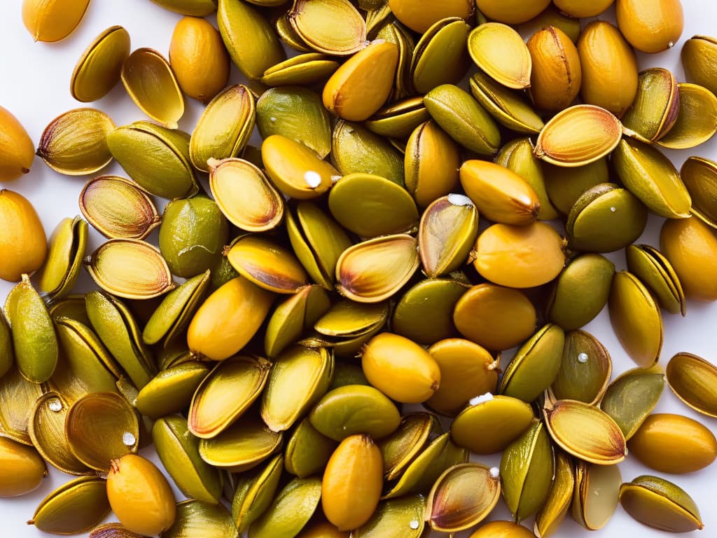  A closeup, ultradetailed image of a handful of roasted pumpkin seeds sprinkled with a pinch of sea salt, showcasing their goldenbrown color and crunchy texture. Each seed glistens under a soft light, highlighting its nutritional value and inviting the viewer to incorporate them into their energypacked dessert recipes. The simplicity of the composition emphasizes the natural beauty and wholesome goodness of these nutritious seeds, perfectly in line with the informative and professional tone of the article. hyperrealistic, full body, detailed clothing, highly detailed, cinematic lighting, stunningly beautiful, intricate, sharp focus, f/1. 8, 85mm, (centered image composition), (professionally color graded), ((bright soft diffused light)), volumetric fog, trending on instagram, trending on tumblr, HDR 4K, 8K