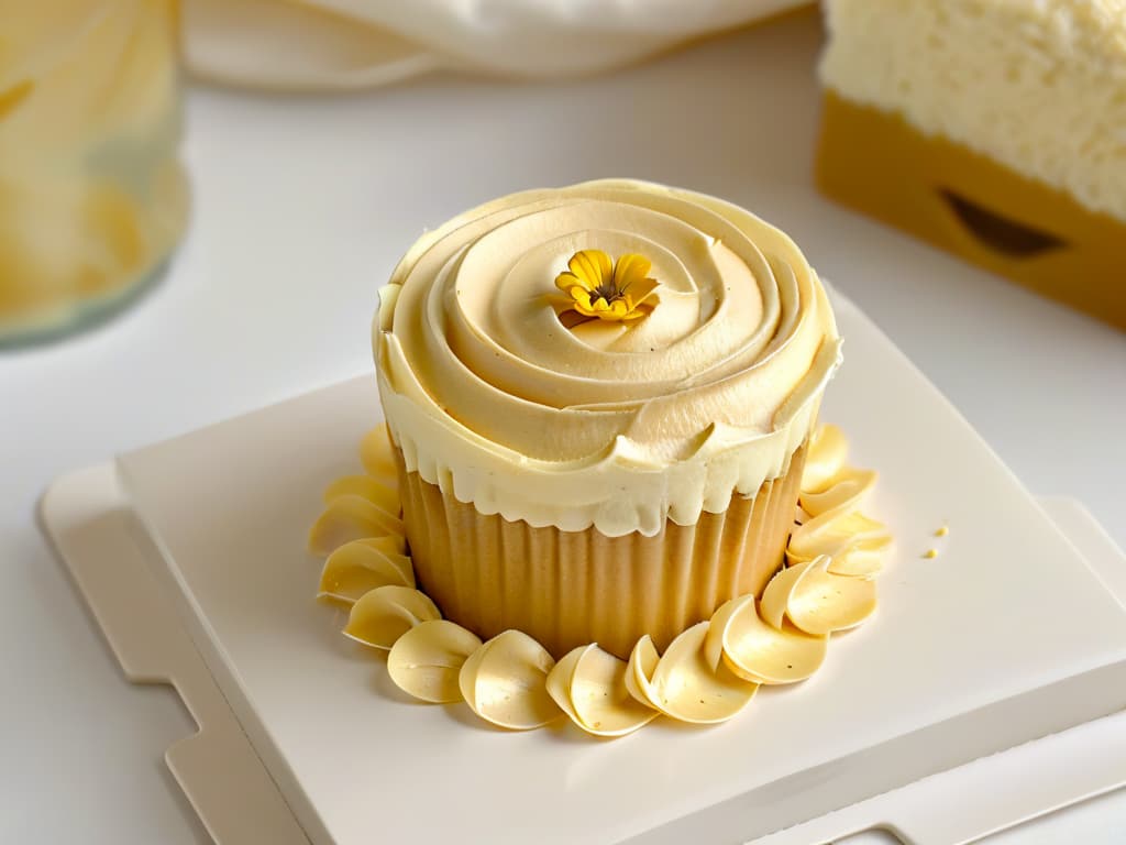  A closeup, ultradetailed image of a perfectly frosted cupcake with intricate swirls of pastelcolored buttercream, topped with a delicate edible flower and shimmering gold leaf. The cupcake sits on a sleek, modern white plate against a soft, blurred background, highlighting the precision and artistry of pastry decoration. hyperrealistic, full body, detailed clothing, highly detailed, cinematic lighting, stunningly beautiful, intricate, sharp focus, f/1. 8, 85mm, (centered image composition), (professionally color graded), ((bright soft diffused light)), volumetric fog, trending on instagram, trending on tumblr, HDR 4K, 8K