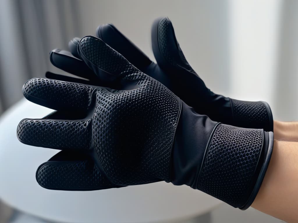  A closeup, ultrahigh resolution image of a pair of sleek black silicone oven gloves, featuring a subtle matte finish and intricate grip patterns on the palms and fingers. The light catches the details, emphasizing the advanced protection these gloves offer, with a professional and minimalist aesthetic that complements the informative tone of the article. hyperrealistic, full body, detailed clothing, highly detailed, cinematic lighting, stunningly beautiful, intricate, sharp focus, f/1. 8, 85mm, (centered image composition), (professionally color graded), ((bright soft diffused light)), volumetric fog, trending on instagram, trending on tumblr, HDR 4K, 8K